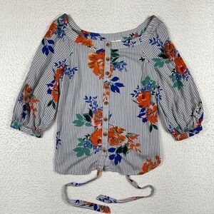 Maeve Anthropologie Shirt Womens 10 Blue White Stripes Lilorne Floral Button Up